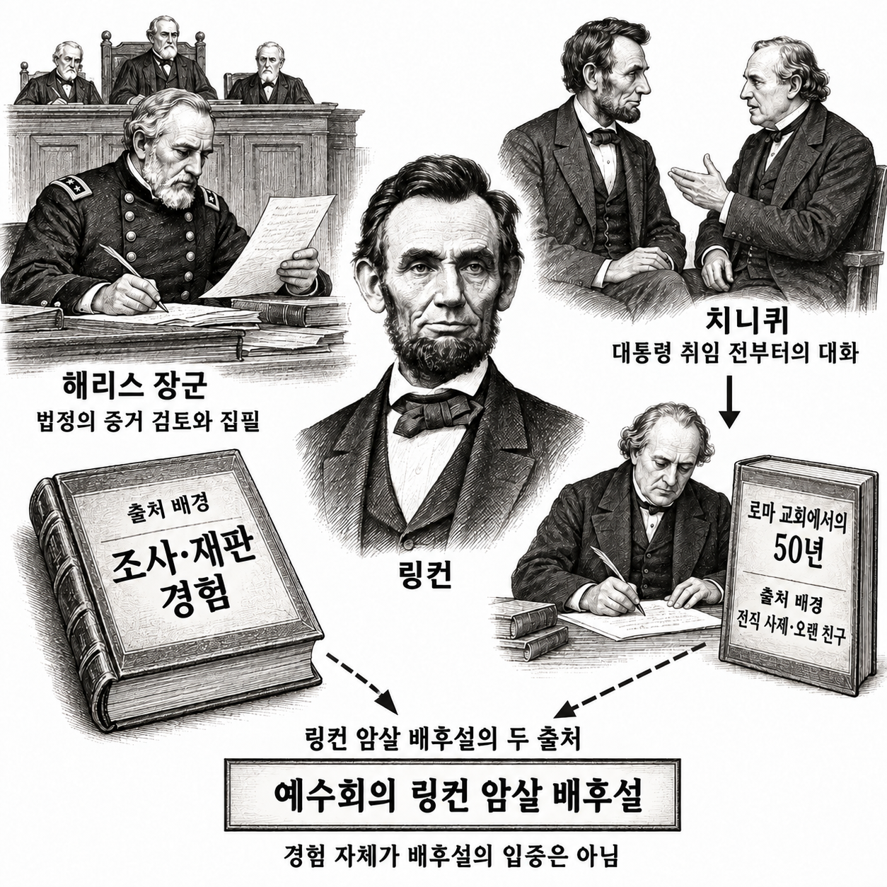 해리스의 재판 경험과 치니퀴의 개인적 인연이라는 서로 다른 출처 배경.