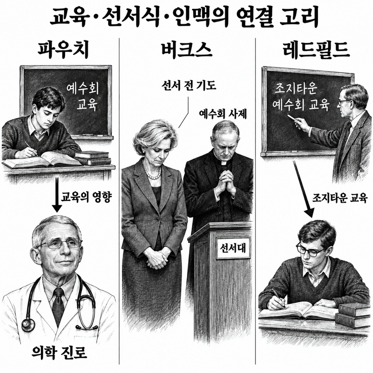 파우치의 교육 동기, 버크스의 선서식 기도, 레드필드의 대학 교육이라는 다른 유형의 관계.