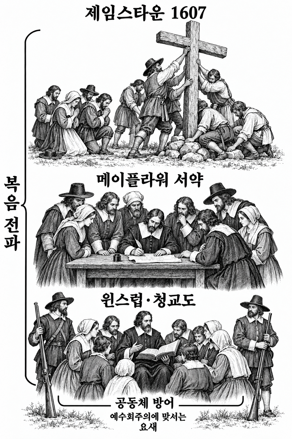 신세계 공동체의 복음 전파 목적과 청교도가 부여한 방어의 역할을 구별한 그림.