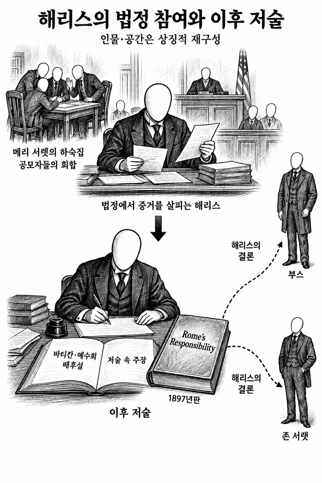 재판 참여자의 저술이라는 출처와 그 저술을 통해 제시되는 링컨 암살 배후설을 구분한 그림.