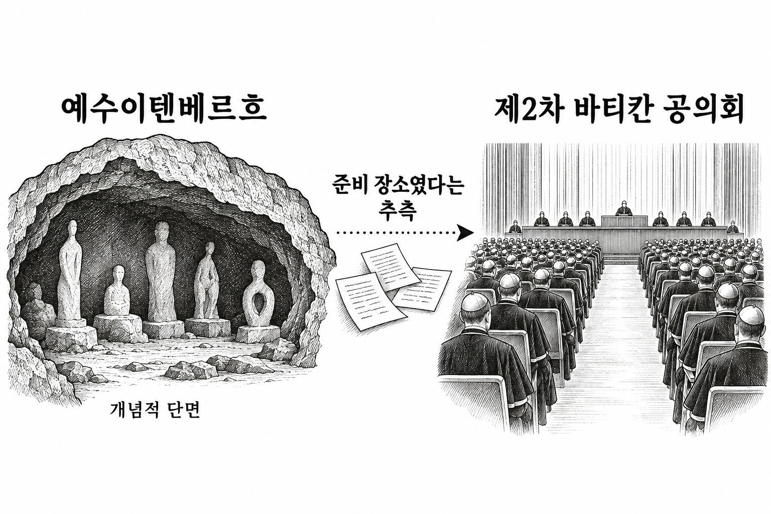 동굴의 종교 형상들과 공의회의 종교 통합 구상을 연결하는 추측을 나타낸 개념도.