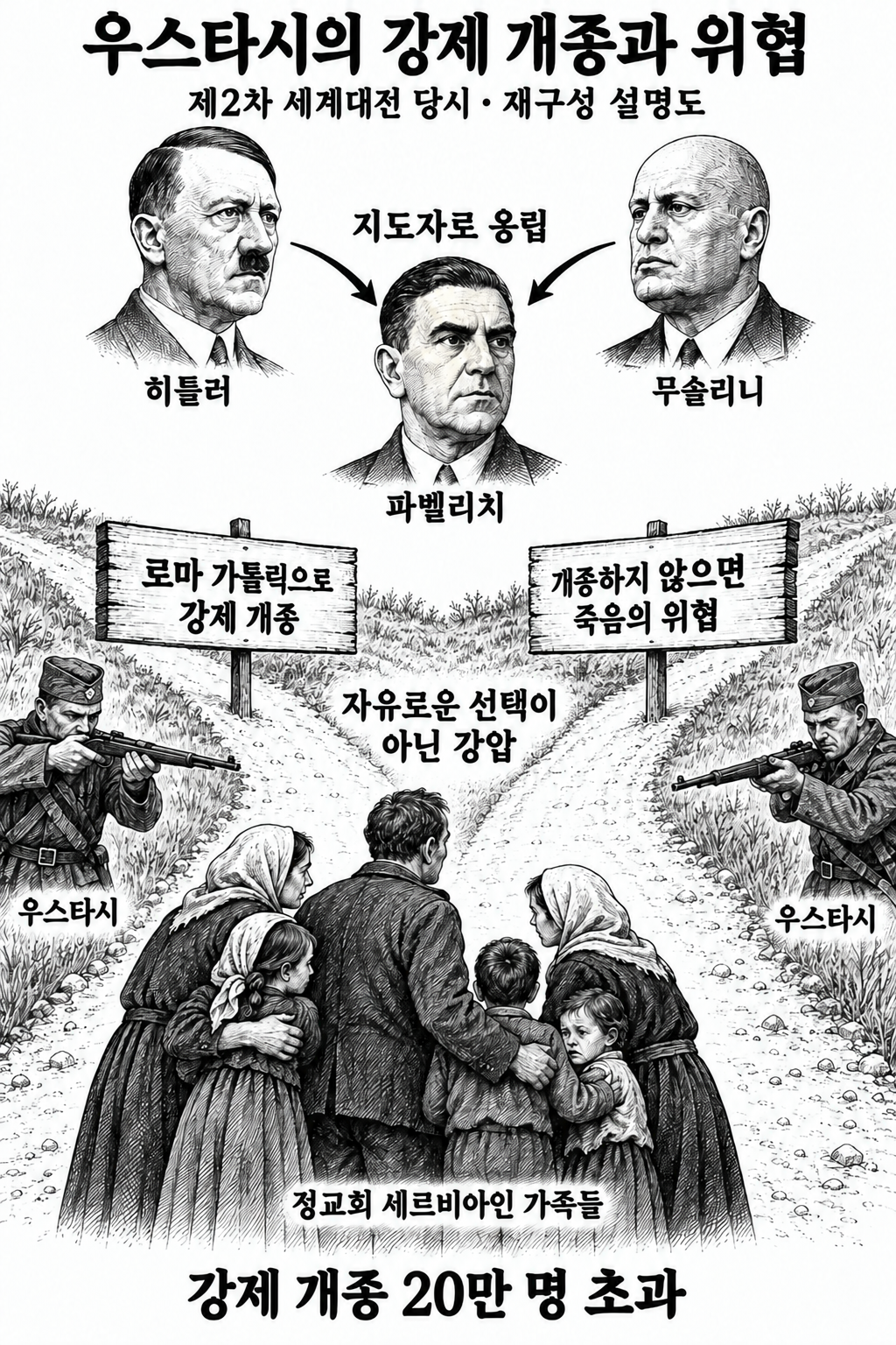 우스타시의 권력 배경과 정교회 세르비아인에게 가해졌다는 강제 개종의 압박을 나타낸 설명도.