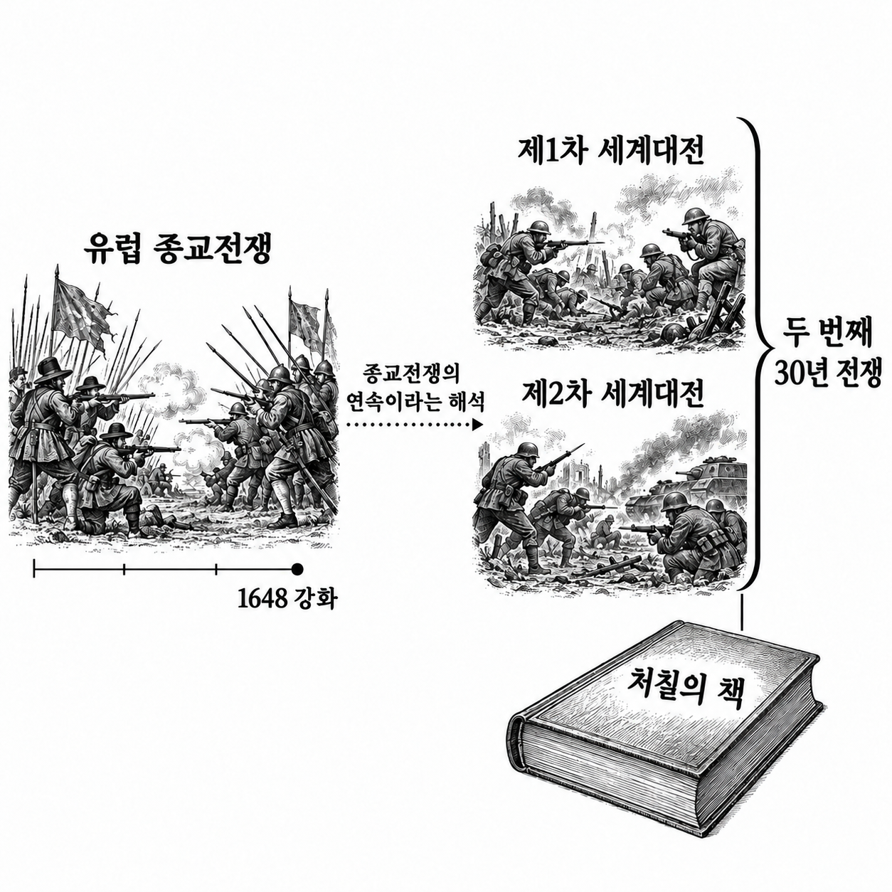 처칠에게서 가져온 전쟁의 연속성 표현과 이를 종교전쟁의 연속으로 읽는 해석을 구분한 그림.
