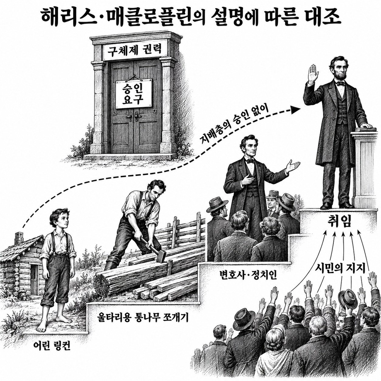 가난한 출발에서 시민의 지지로 대통령이 된 링컨과 지배층의 승인에 의존하는 질서의 대조.