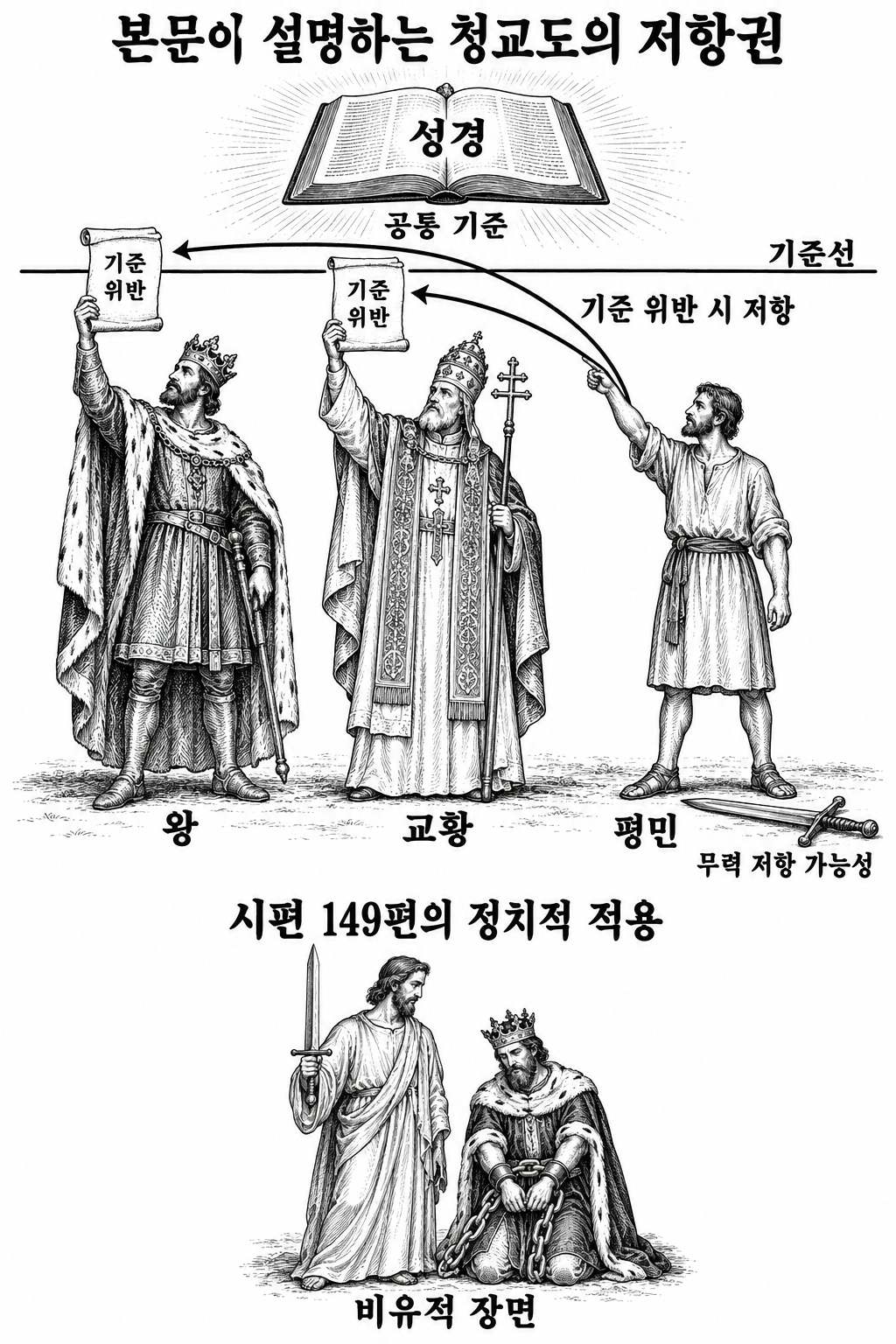 통치자도 하나님의 법 아래 있으며 그 법을 위반할 때 저항할 수 있다는 청교도의 입장.