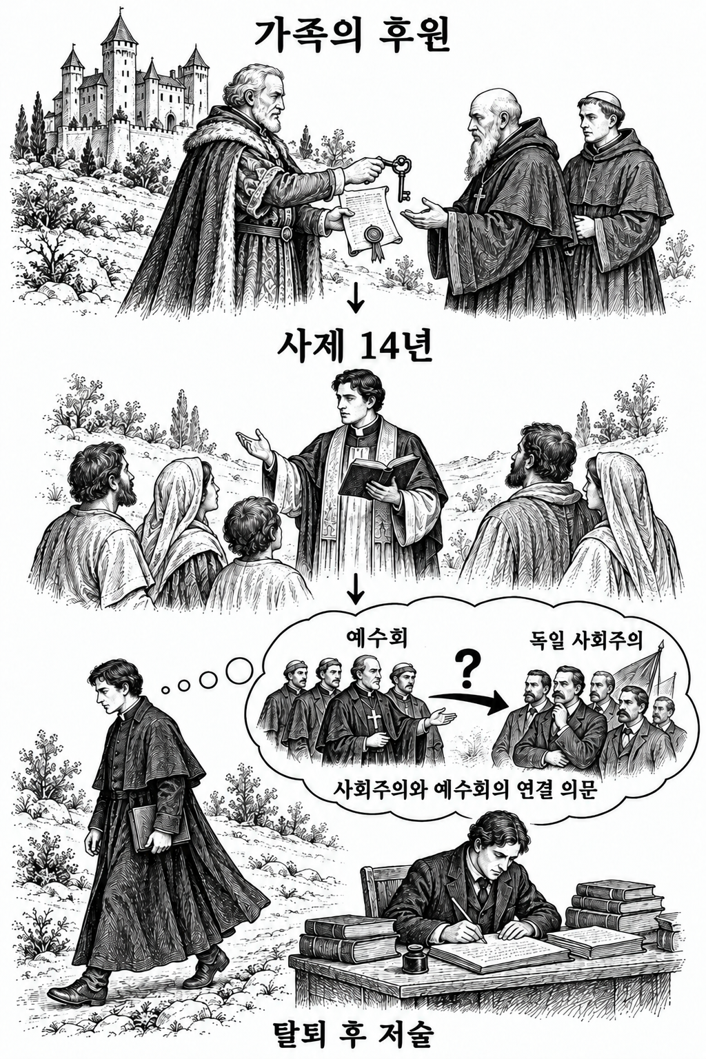 예수회를 후원한 가문에서 성장하여 사제로 활동한 뒤 비판 저술을 남겼다는 횐스브뢰흐의 경로.