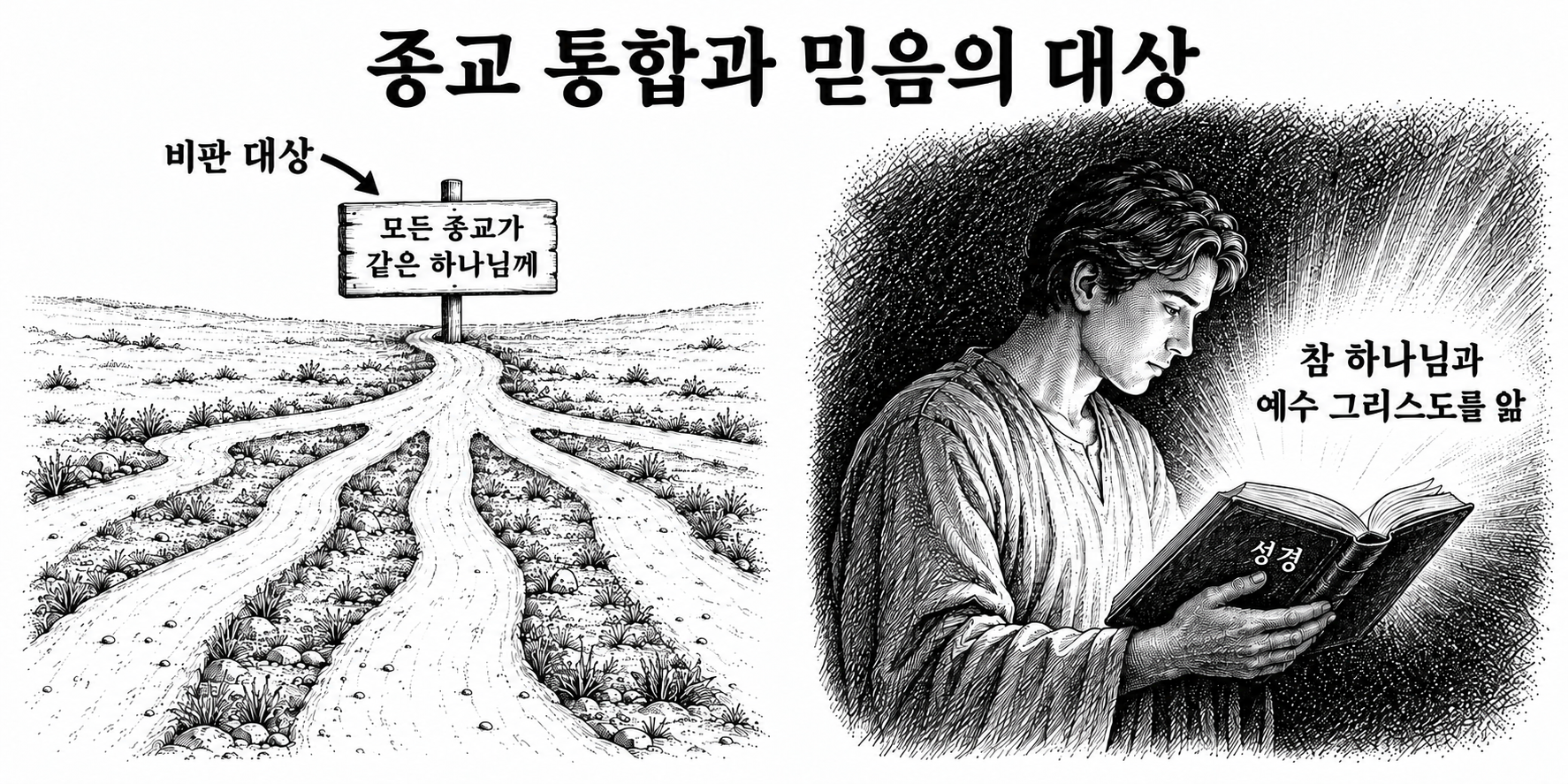 종교들을 동일시하는 생각과 예언의 말씀에 주의하여 믿음의 대상을 구별한다는 설명의 대조.
