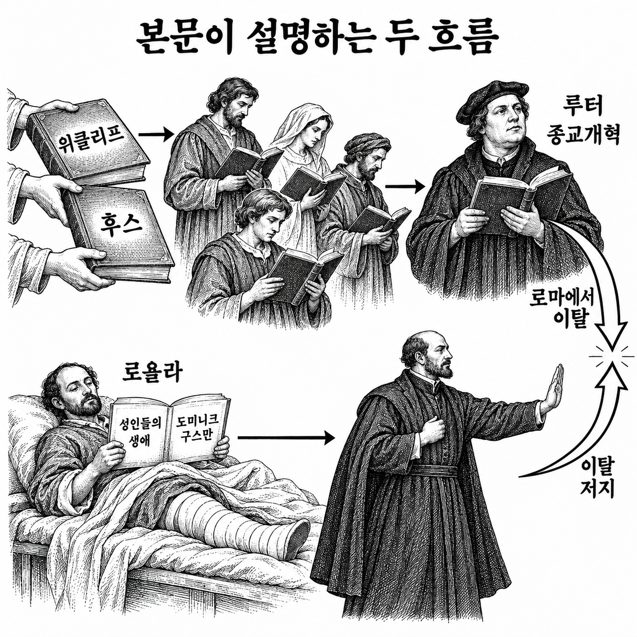개혁 사상의 확산과 부상 후 독서를 통해 반대 방향의 헌신을 택한 로욜라의 경로.