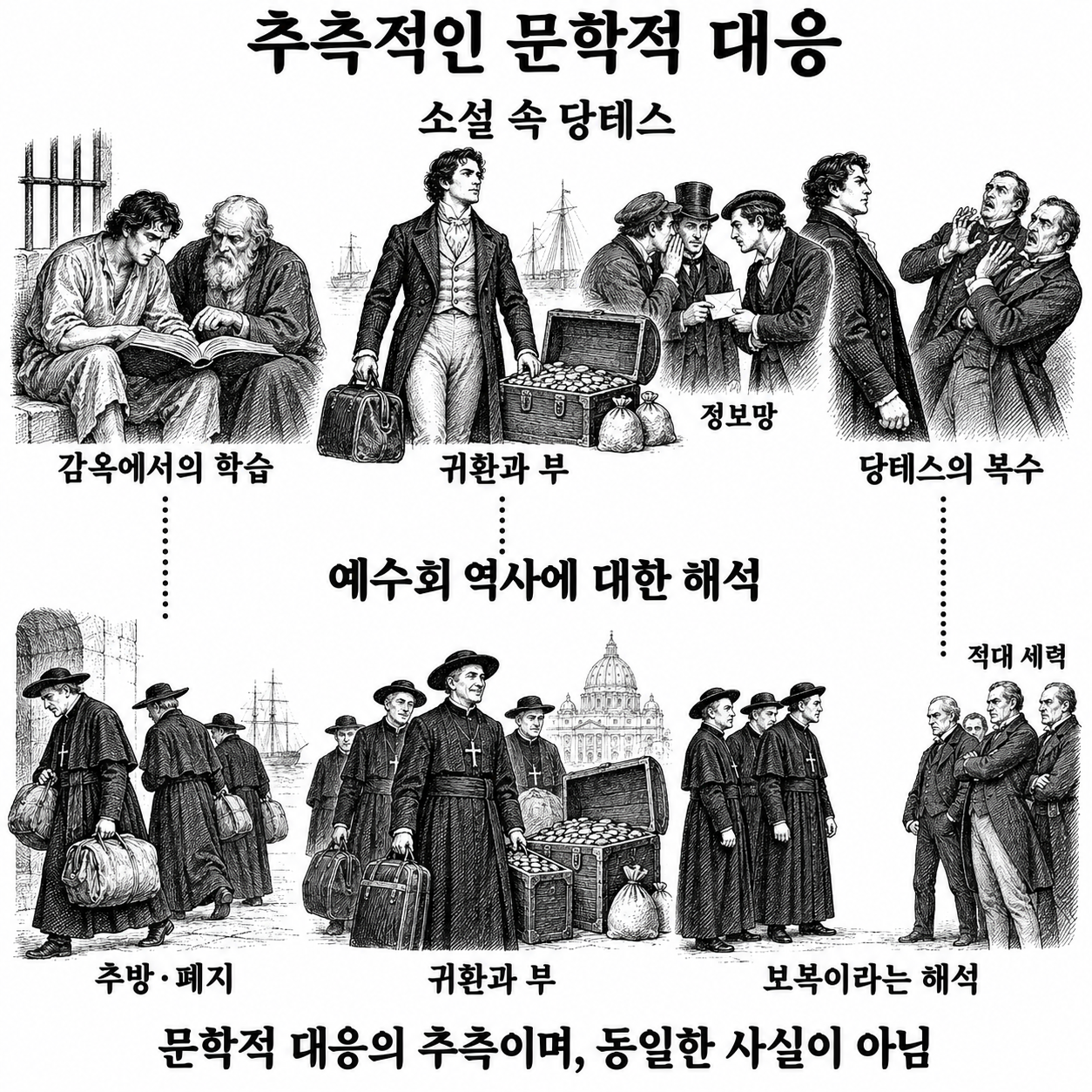 당테스의 몰락·귀환·복수를 예수회 역사에 대응시키는 추측적 독법.