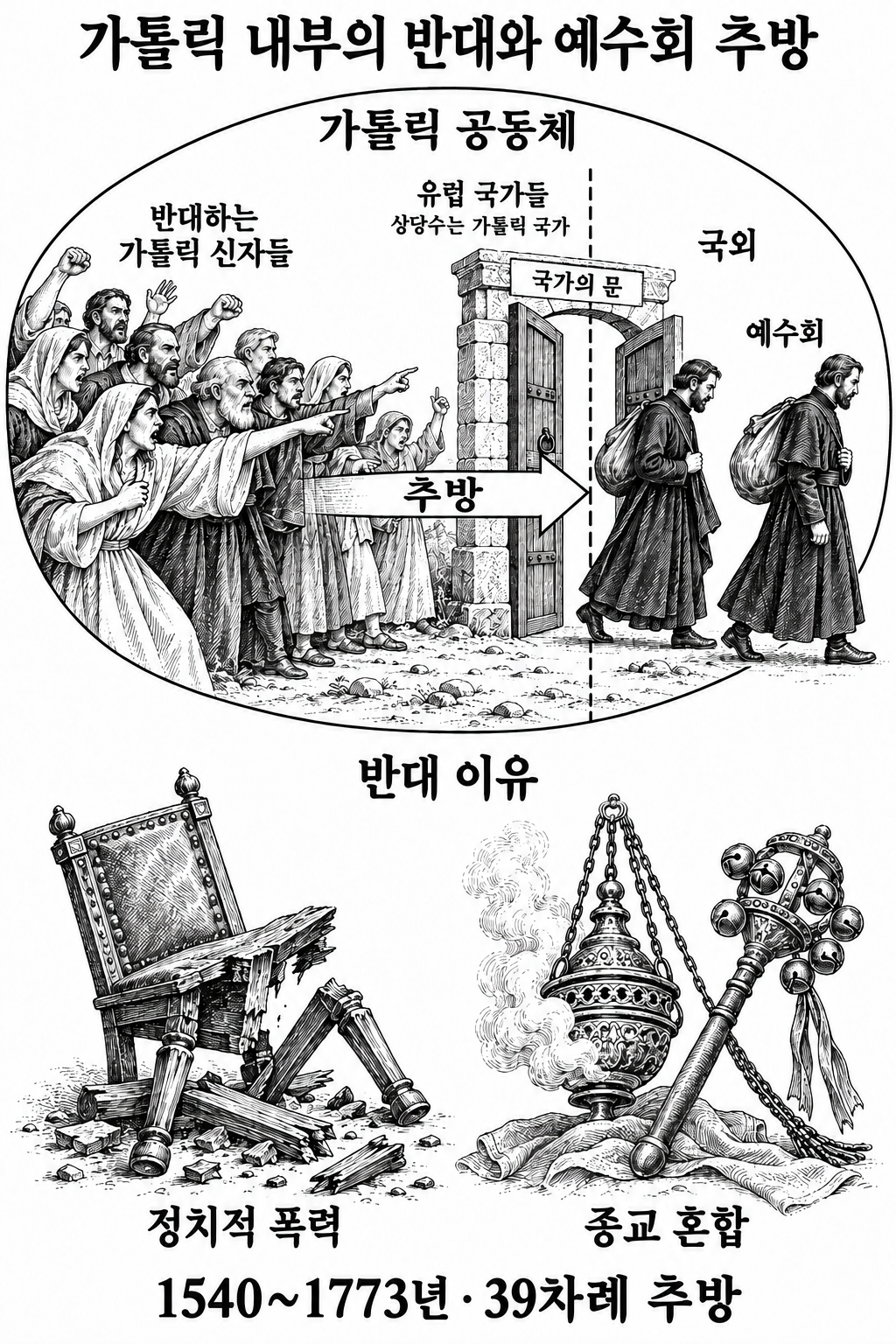 예수회 비판이 가톨릭 전체에 대한 비판과 다르며 내부 반대와 추방이 있었다는 설명.