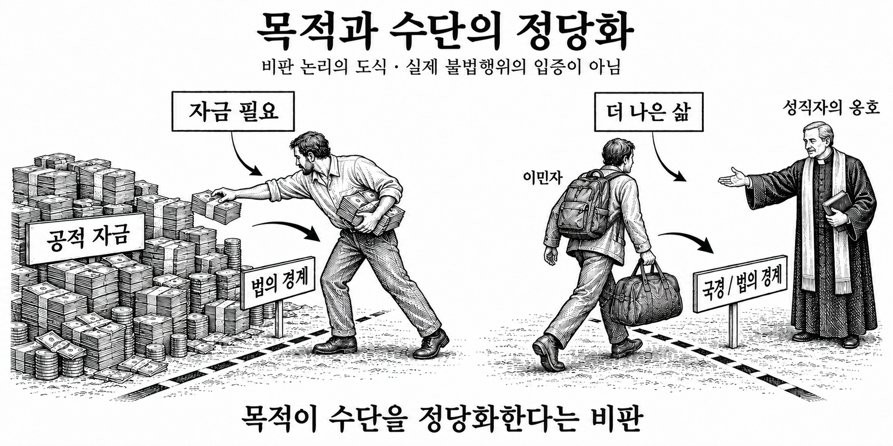 자금 사용과 이민 정책에 공통으로 적용한 목적과 수단의 정당화에 대한 비판.