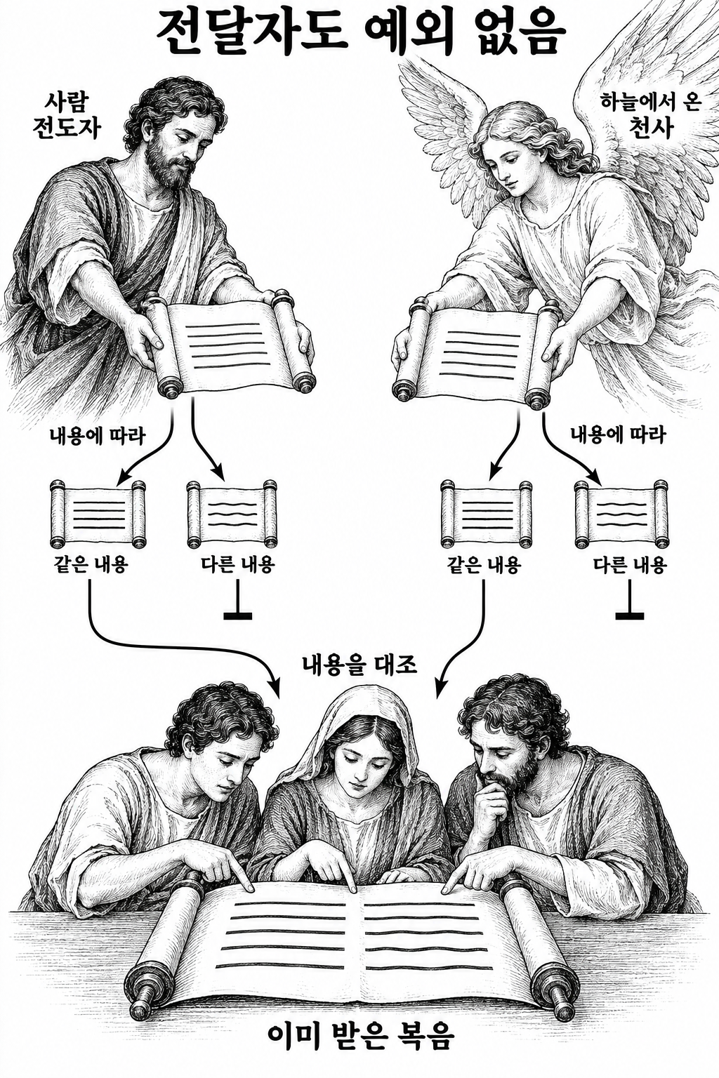 전달자의 권위가 아니라 이미 받은 복음과 내용이 같은지를 기준으로 판단하라는 경고.
