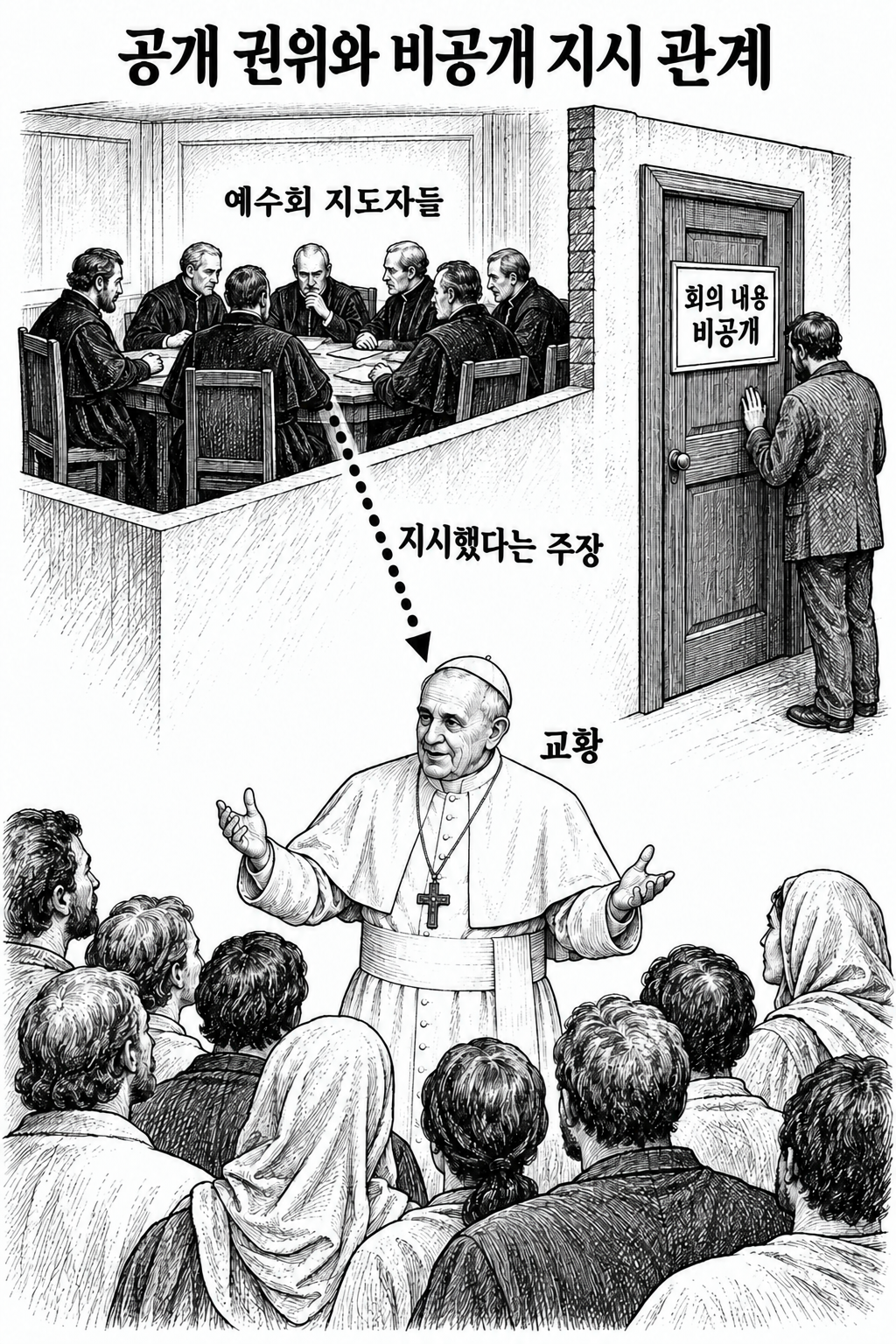 공개된 교황의 권위와 비공개 회의의 지시 관계를 주장하는 설명도.