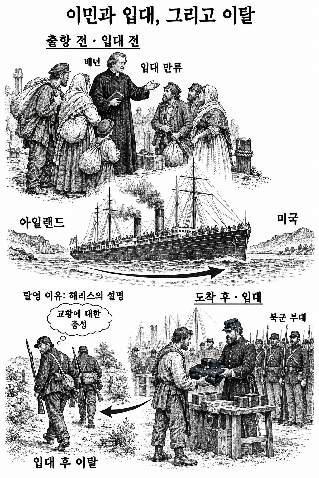 배넌의 출항 전 입대 만류와 해리스가 설명한 입대 후 탈영을 구분한 이동 경로.