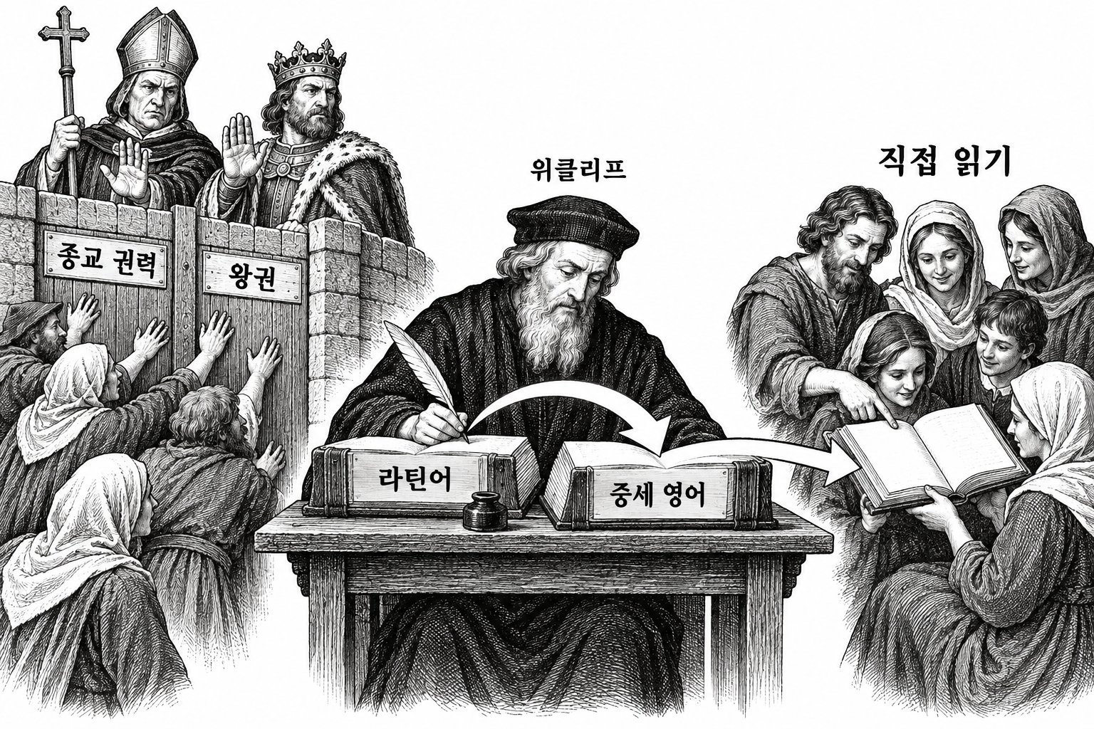 성경 접근을 막는 권력의 장벽과 일반인이 읽을 수 있는 언어로 번역하는 일의 관계.