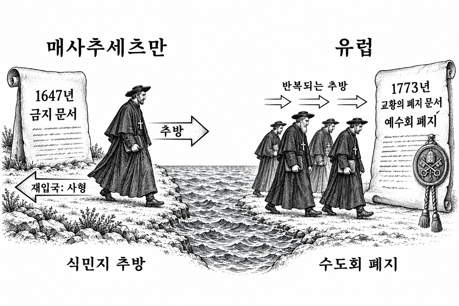 매사추세츠만의 금지·추방 조치와 유럽에서의 추방 및 교황의 예수회 폐지를 비교한 그림.
