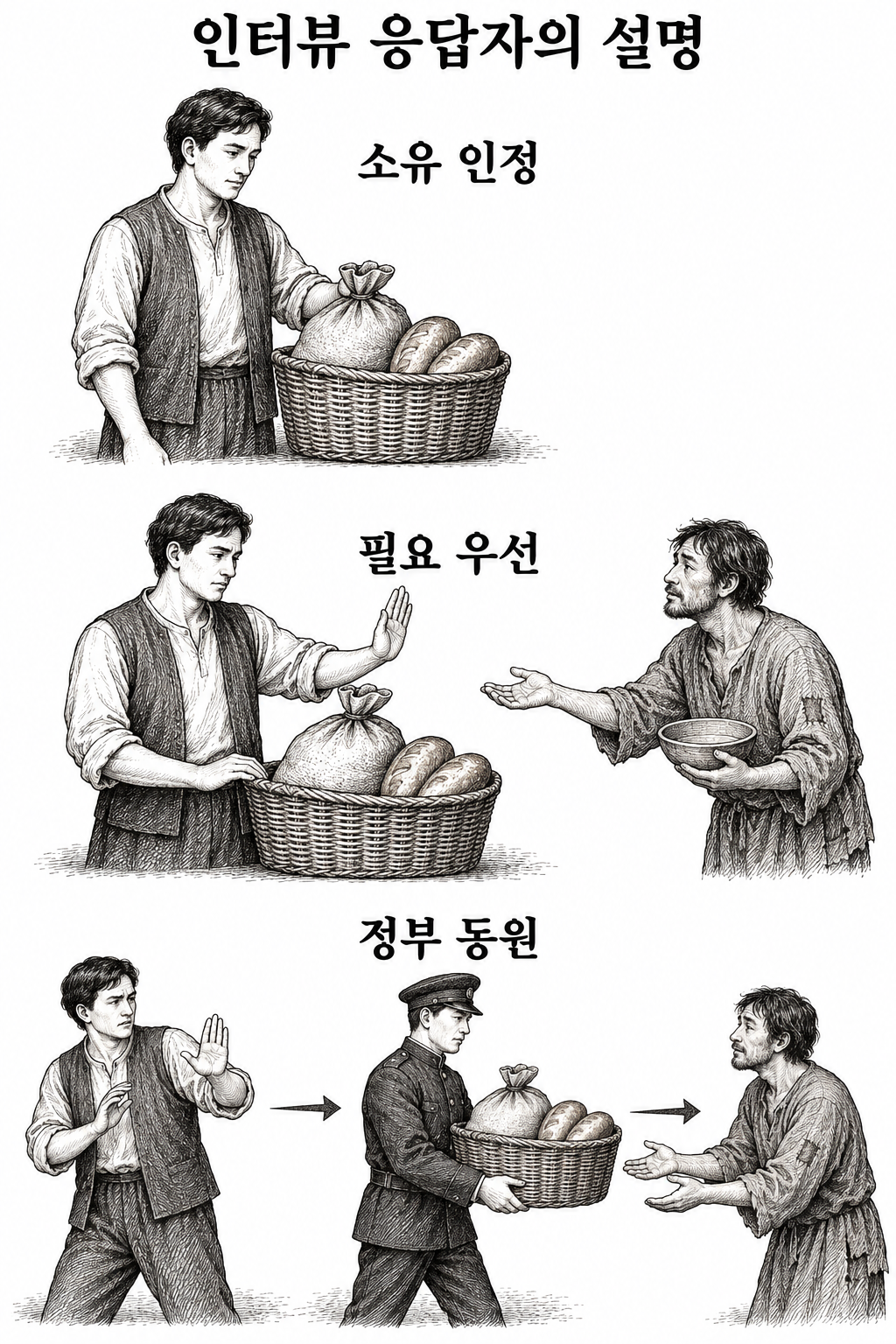 개인 소유 인정에서 타인의 필요 판단과 정부 재분배로 이어지는 응답자의 설명.
