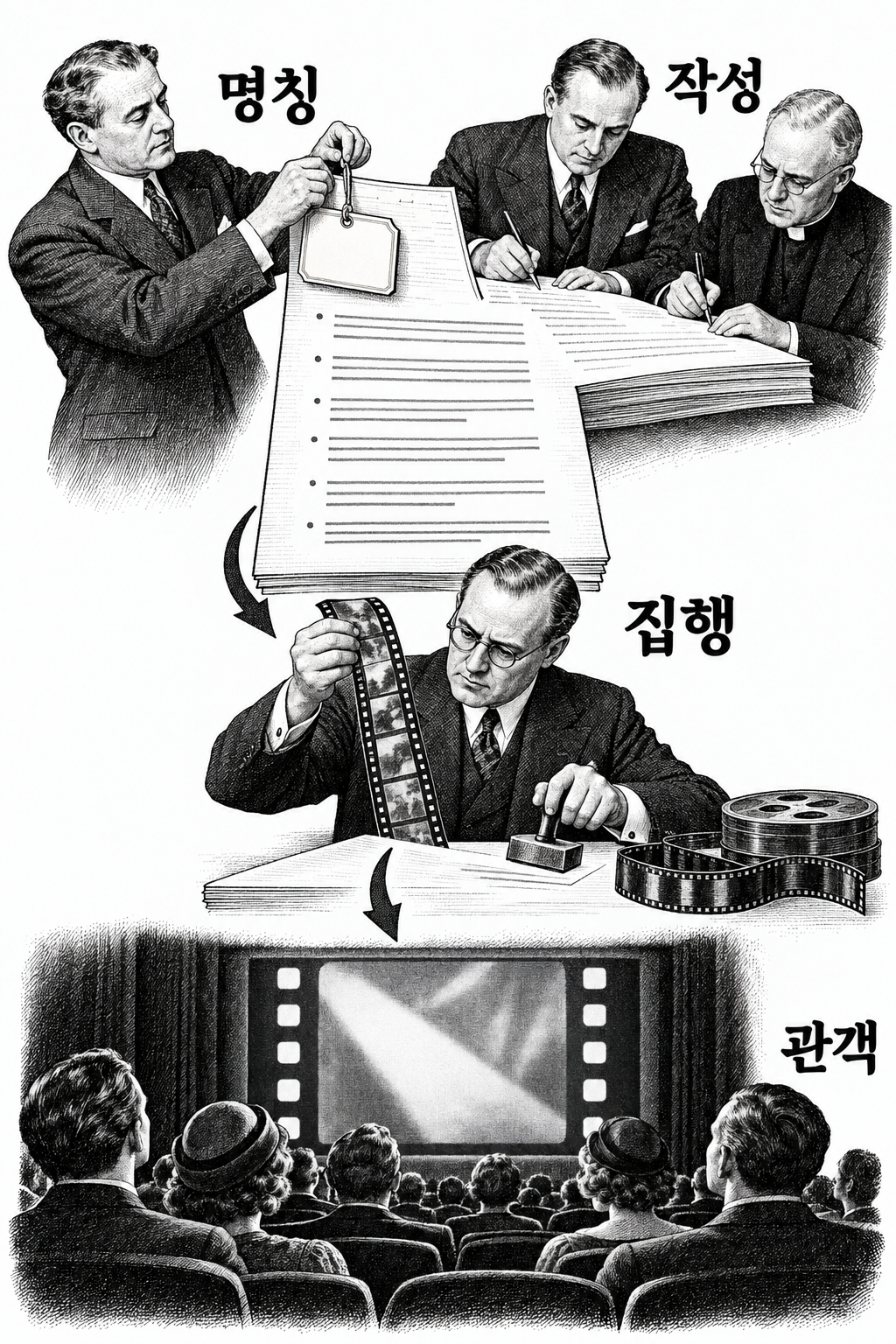 헤이스 규정의 명칭·작성·집행을 맡은 인물과 영화 관객에게 이르는 영향 경로.