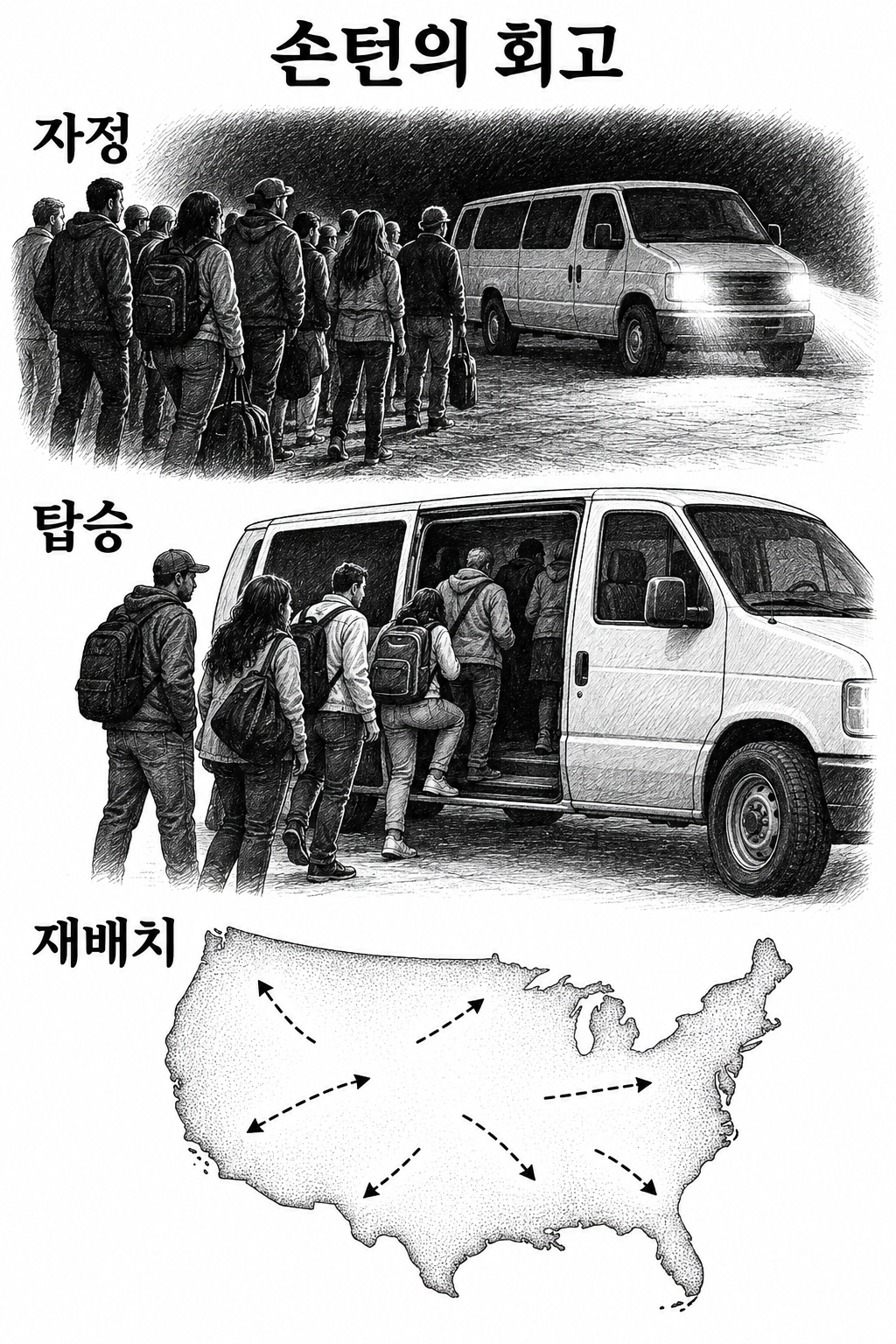 손턴이 회고한 국경 부근의 야간 탑승과 미국 내 재배치 과정.