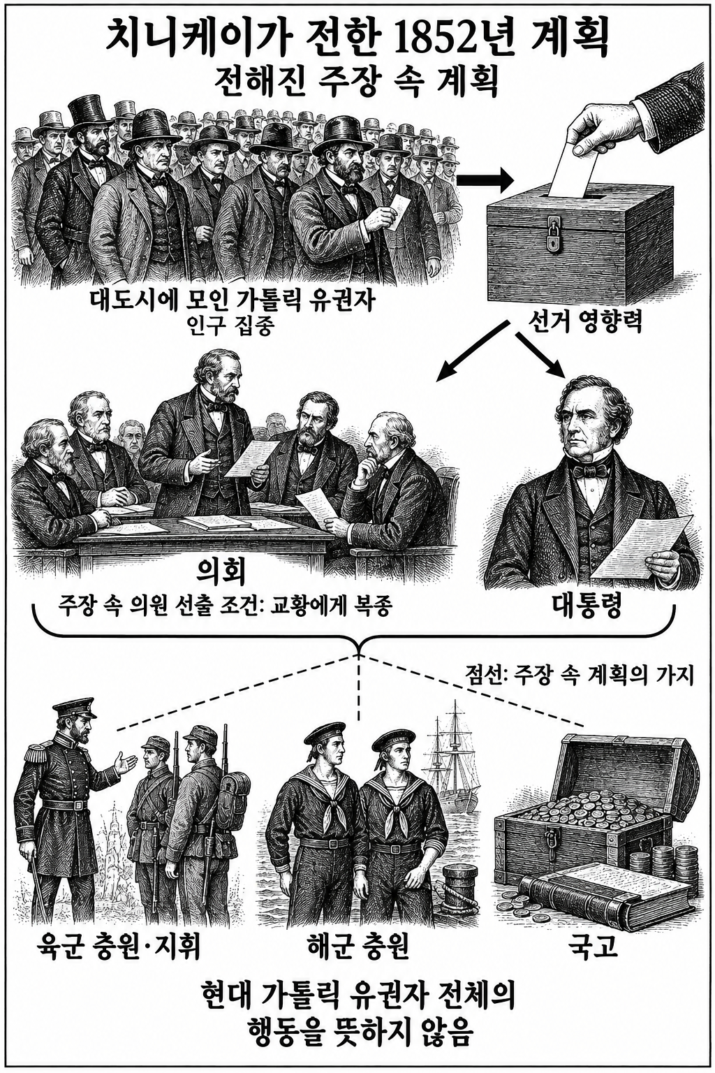 1852년 사제 모임에서 들었다고 전해진 인구 집중과 정치권력 확보 계획.