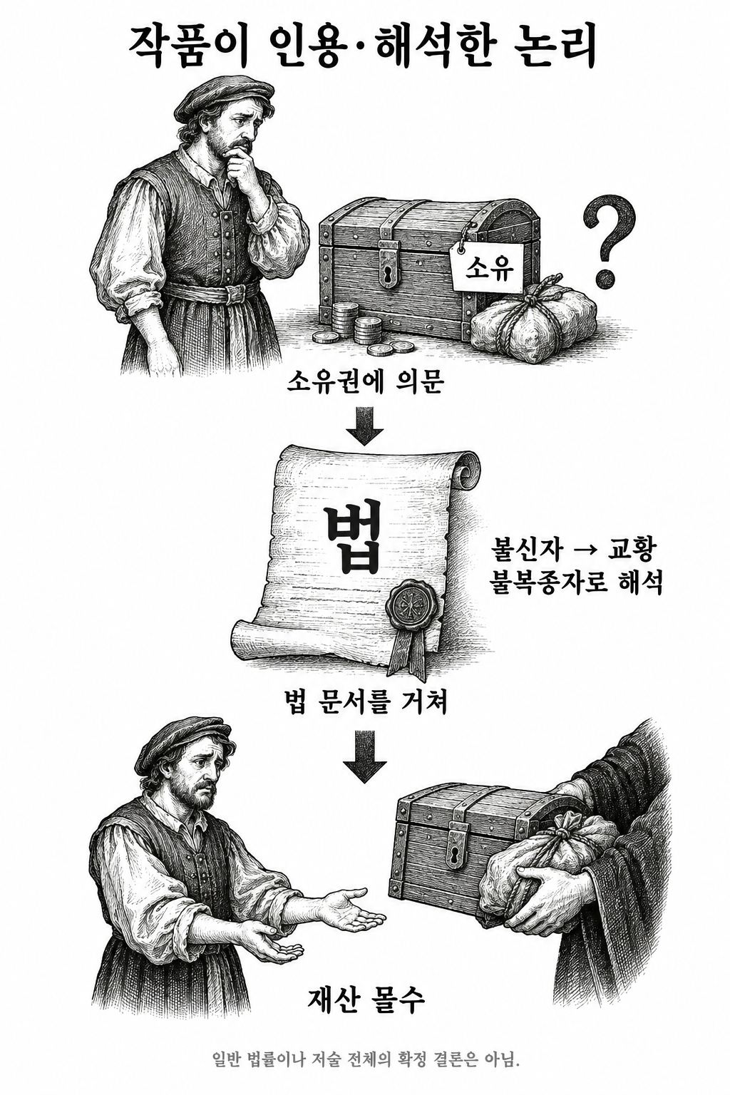 소유자의 권리 부정에서 재산 몰수로 이어지는 작품의 인용·해석 구조.