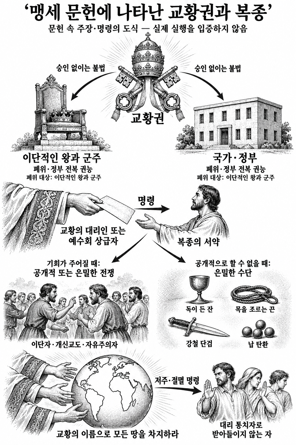 맹세 문헌 속 교황권의 우위와 명령에 따른 폭력, 전 세계 지배 서약을 나타낸 도해