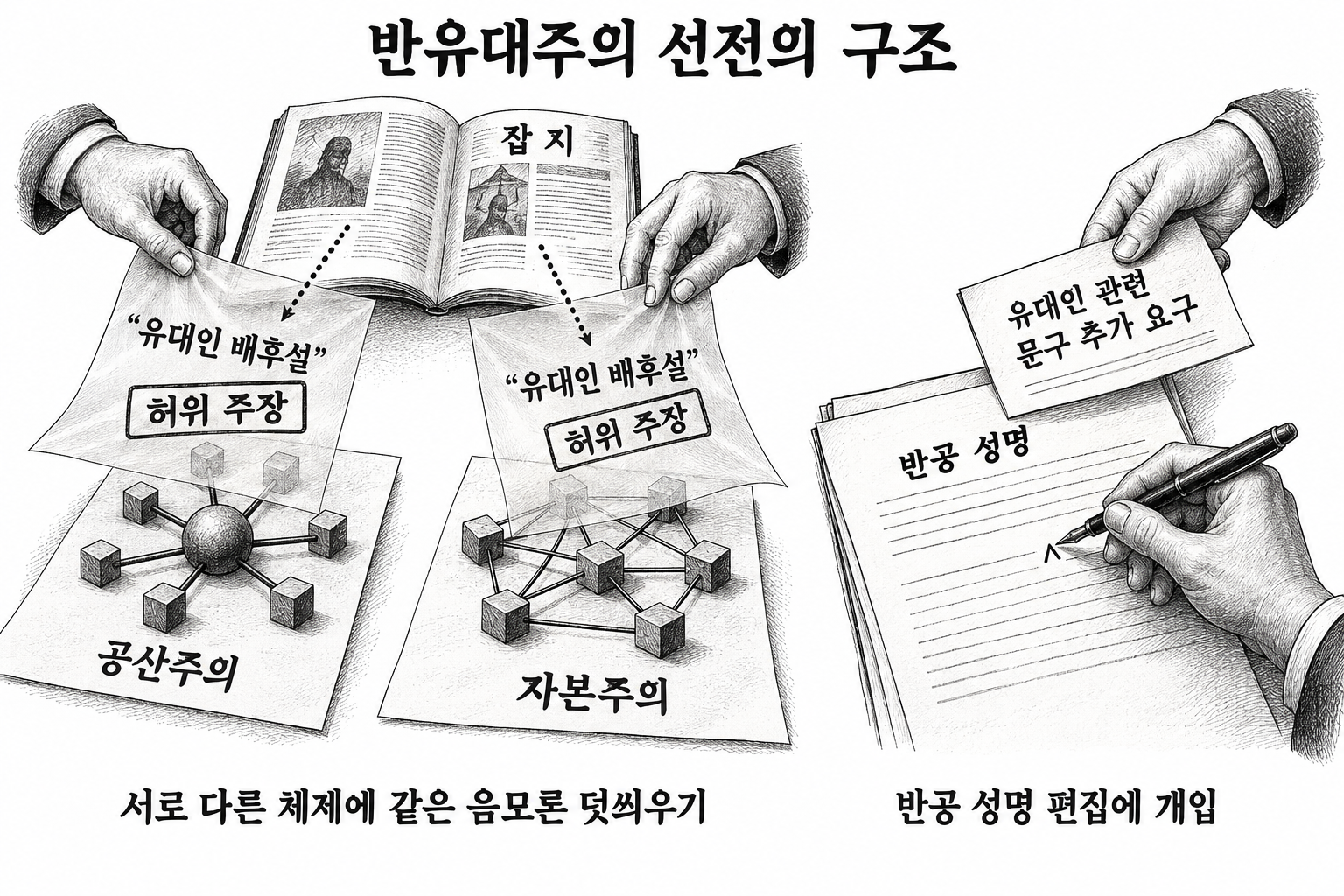 서로 다른 정치체제를 유대인 음모로 묶고 반공 비판을 민족적 적대감으로 바꾸는 선전 방식.