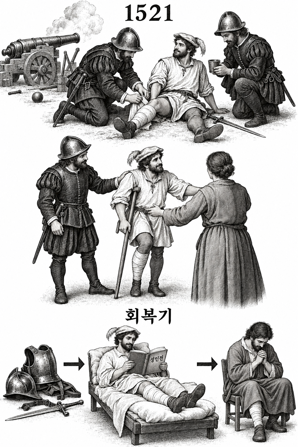 로욜라의 전투 부상과 귀환, 회복기의 독서가 종교적 헌신으로 이어지는 과정.