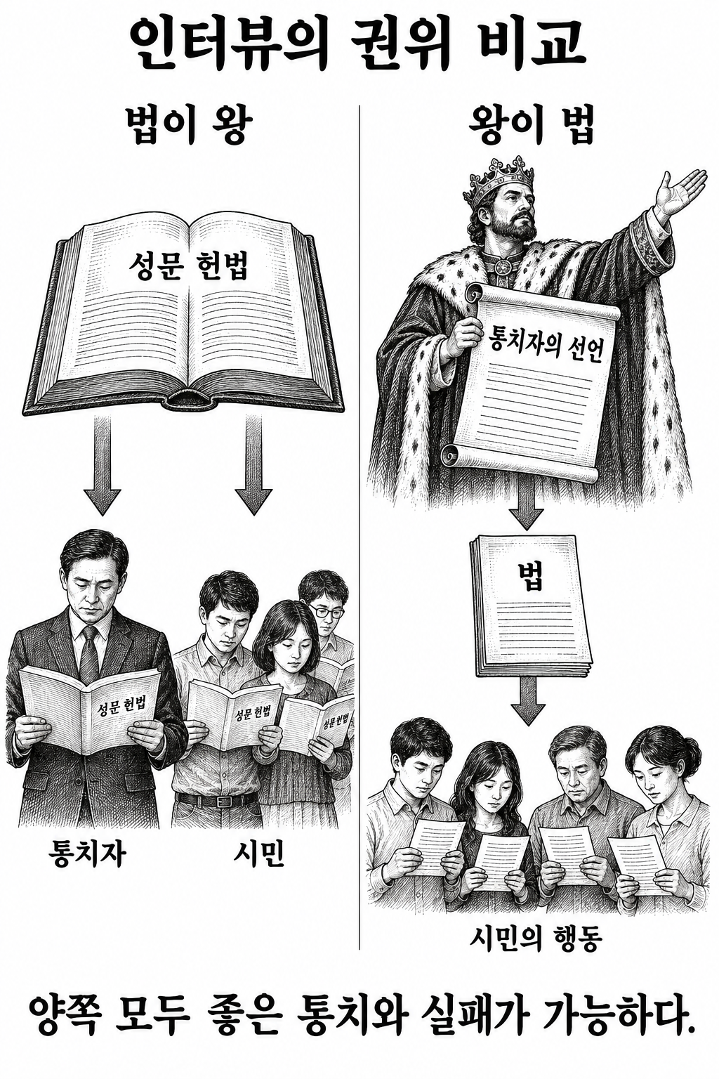 통치자도 법을 따르는 구조와 통치자의 판단이 법이 되는 구조의 차이.