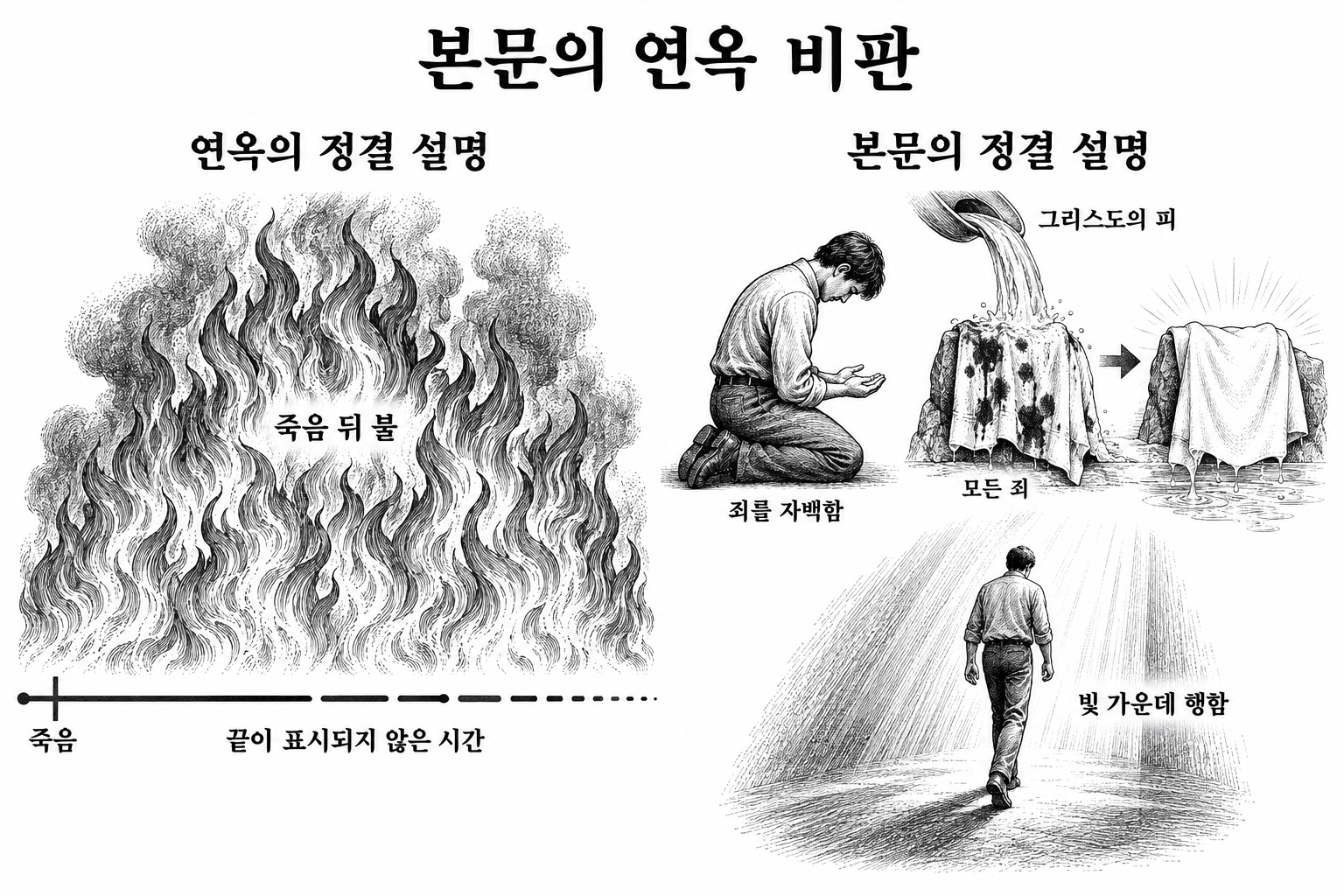 죽음 뒤 추가 정결을 기다리는 설명과 그리스도의 피가 모든 죄를 씻는다는 약속의 대조.