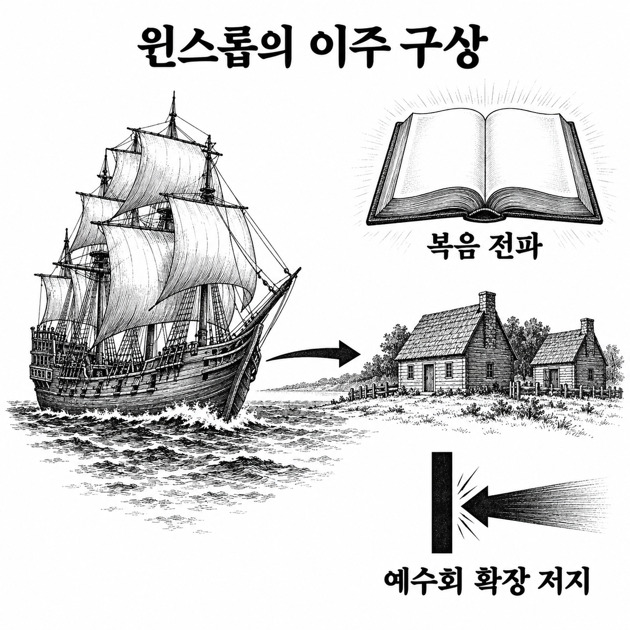 윈스롭이 청교도 이주에 부여한 복음 전파와 예수회 저지라는 두 목적.