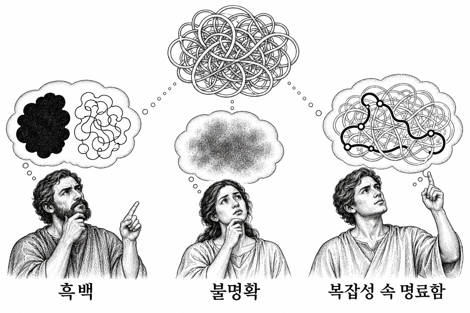 헨츠의 수업에서 제시된 세 가지 사고방식을 같은 복잡한 대상에 적용한 비교.