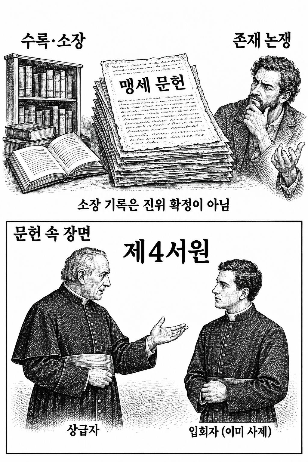 비밀 맹세 문헌의 소장·수록 근거와 존재 논쟁, 문헌에 묘사된 상급자와 입회자의 관계.