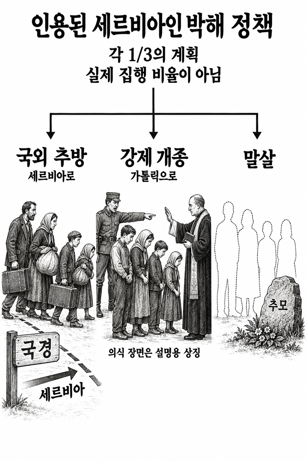 세르비아인을 추방·강제 개종·말살로 나누어 다룬 박해 정책의 세 갈래.