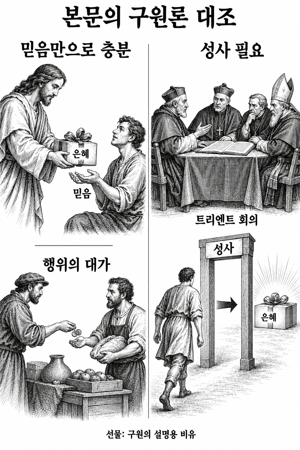 구원을 믿음으로 받는 선물로 보는 설명과 성사를 필수로 삼는 입장의 대조.