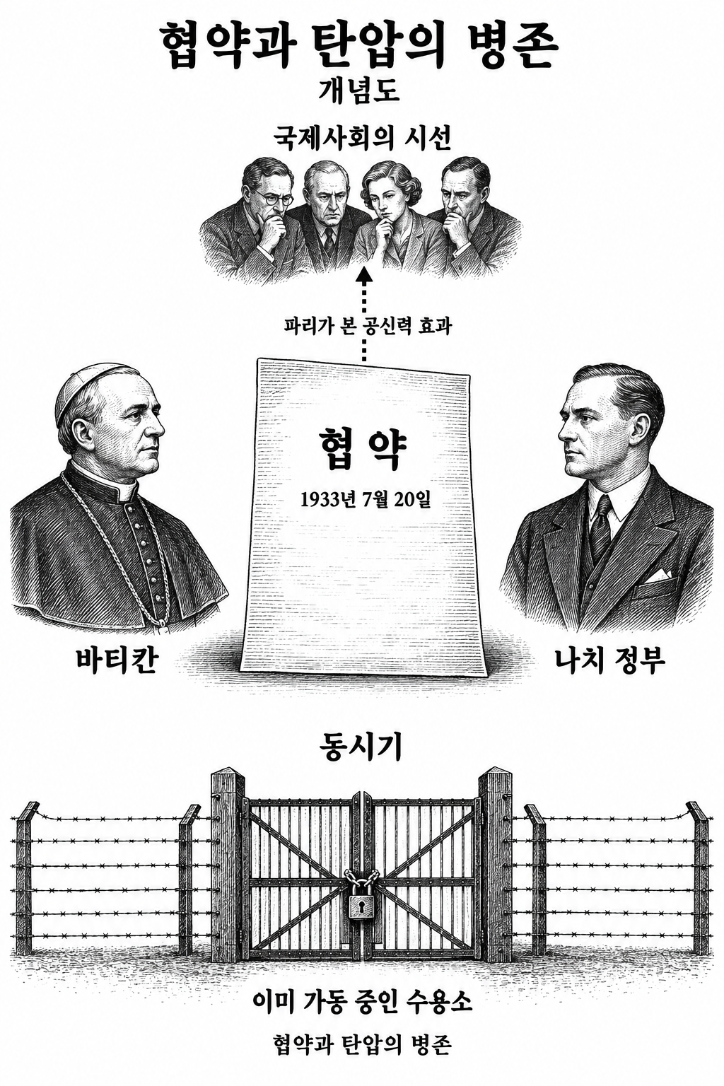 정교협약이 나치 정부의 공신력을 높였다는 비판과 당시 탄압의 병존.