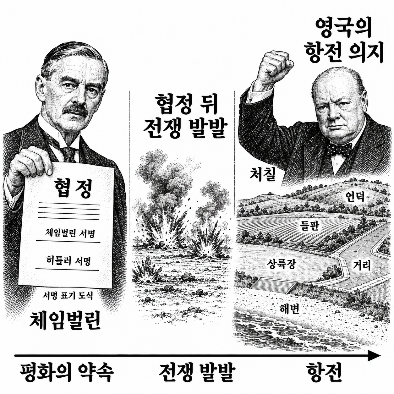 평화 협정에 대한 기대에서 전쟁 발발과 영국의 항전으로 바뀐 상황.