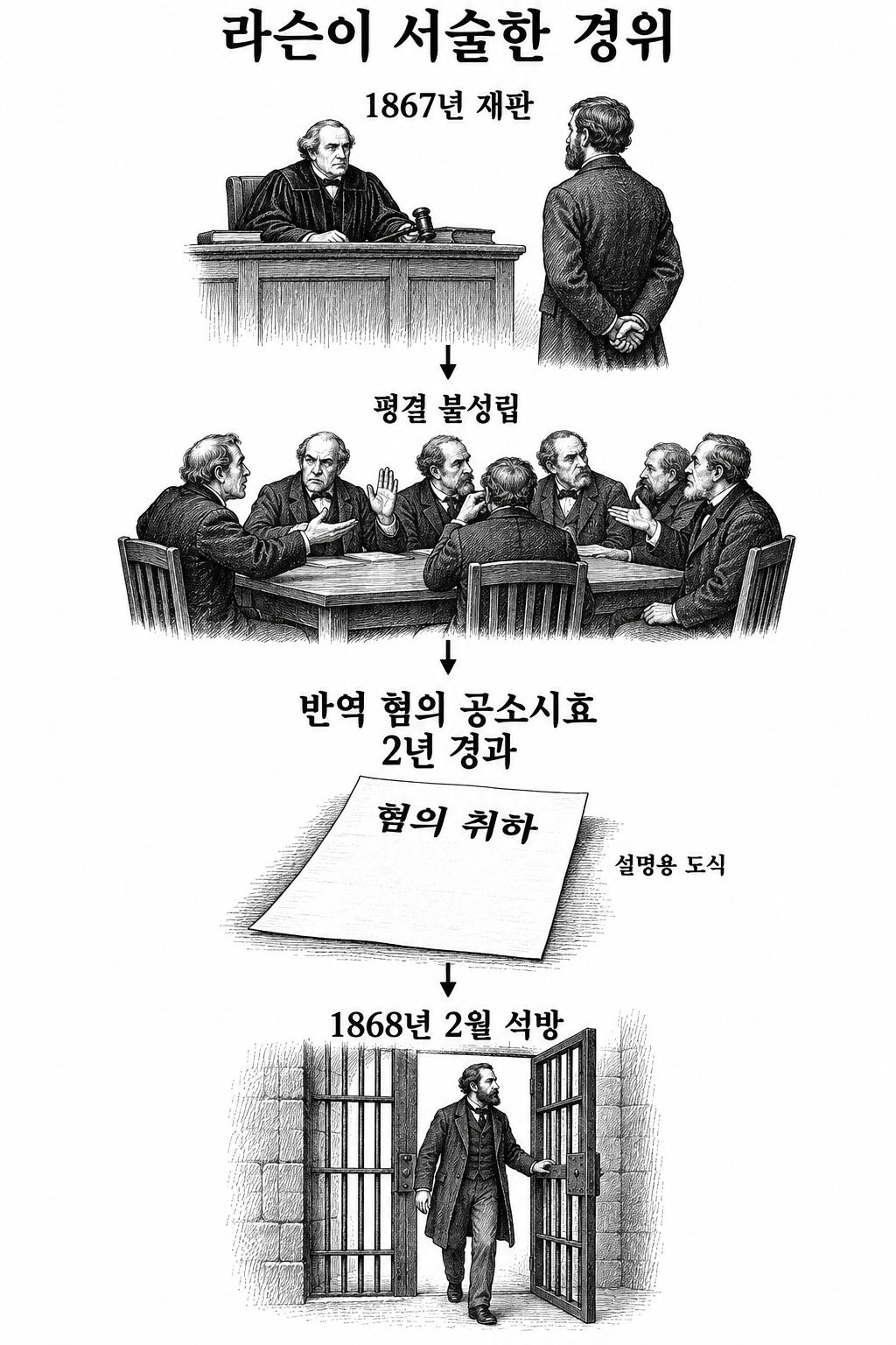 서럿 재판의 평결 불성립과 이후 공소시효에 따른 혐의 취하·석방의 구분.