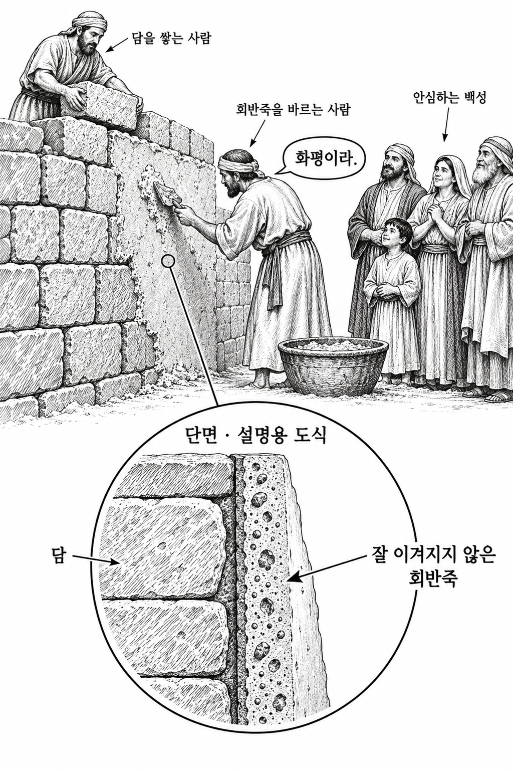 회반죽으로 덮은 담을 통해 평화의 선언과 실제 안전의 차이를 설명한 그림.