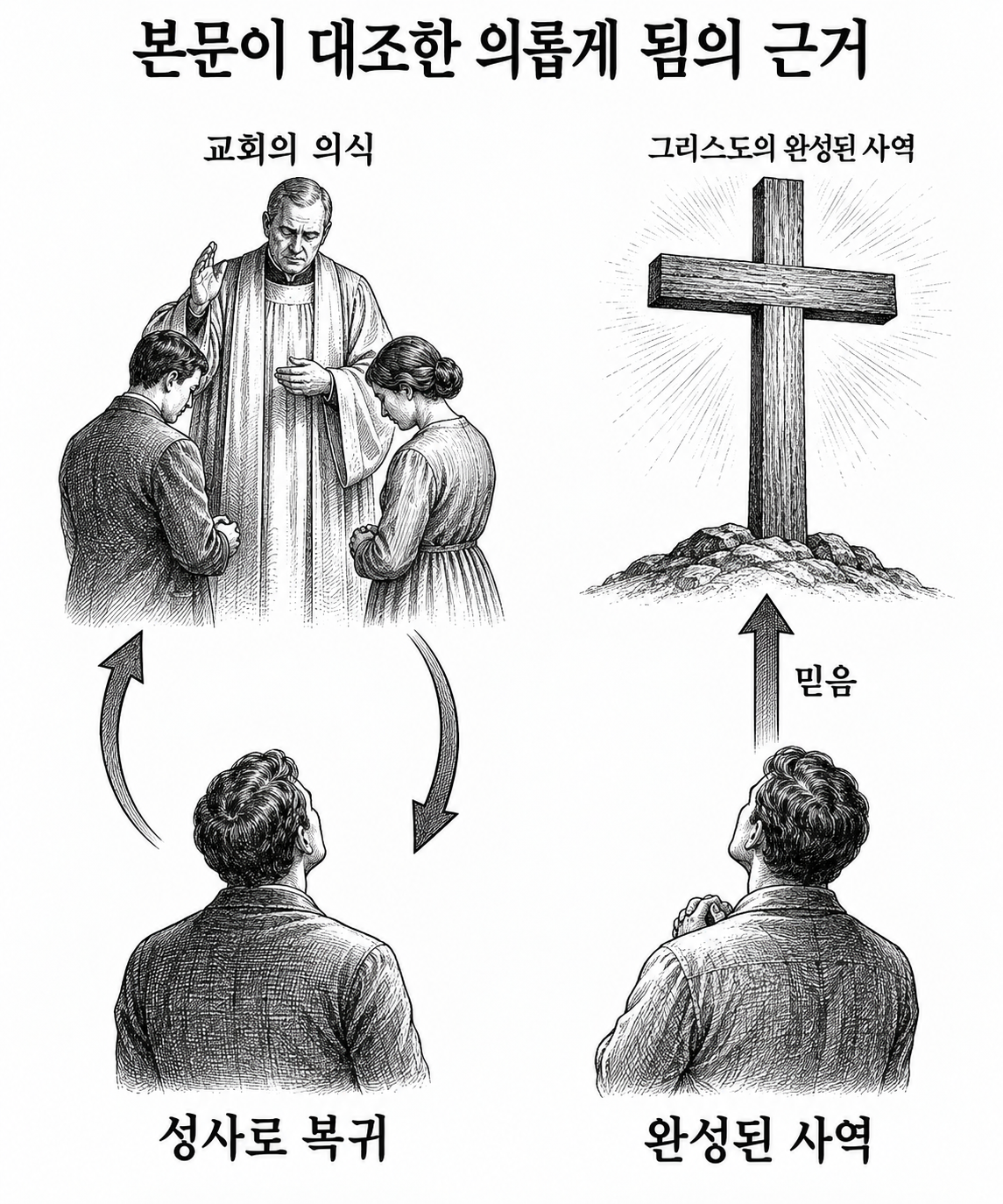 성사로 돌아가는 구조와 그리스도의 완성된 사역을 믿는 구조를 비교한 그림.