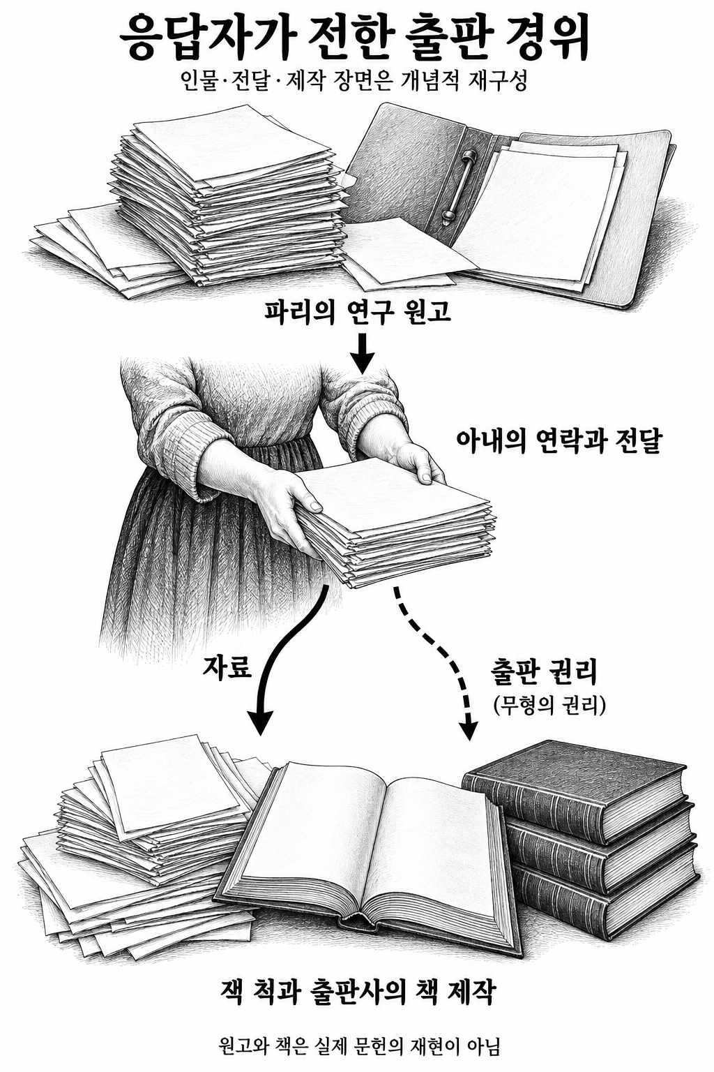 파리의 아내를 통해 연구 자료와 출판 권리가 칙 출판사에 전달되었다는 경위.