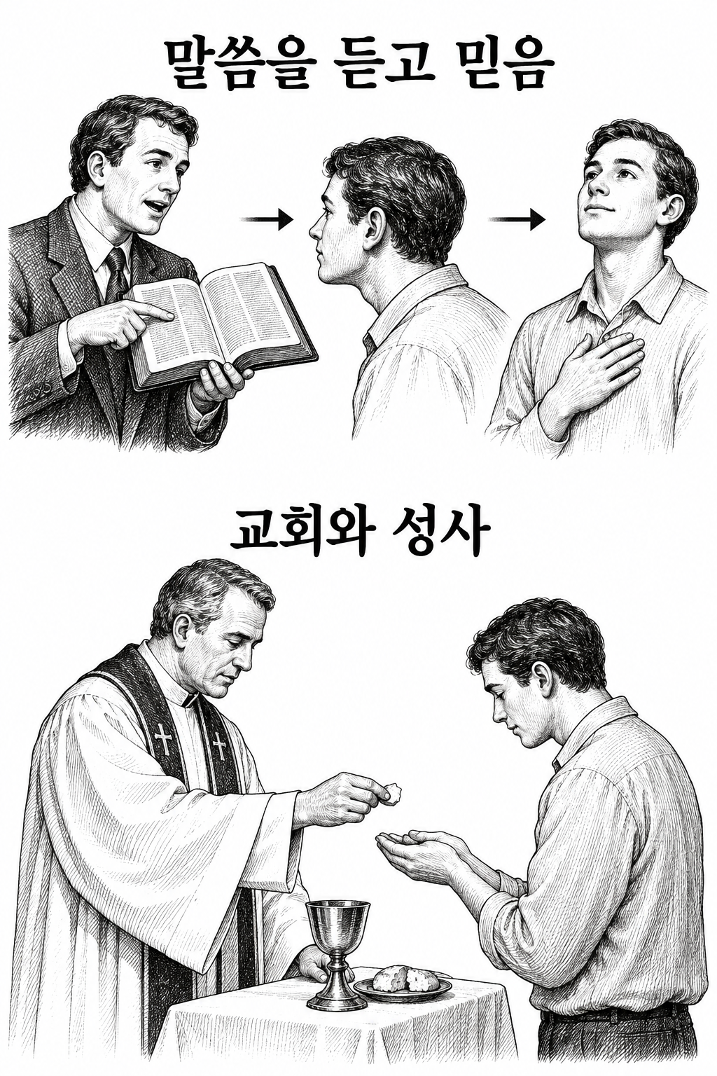 말씀을 전하고 듣는 방식과 교회 의식에 참여하는 방식을 대비한 그림.
