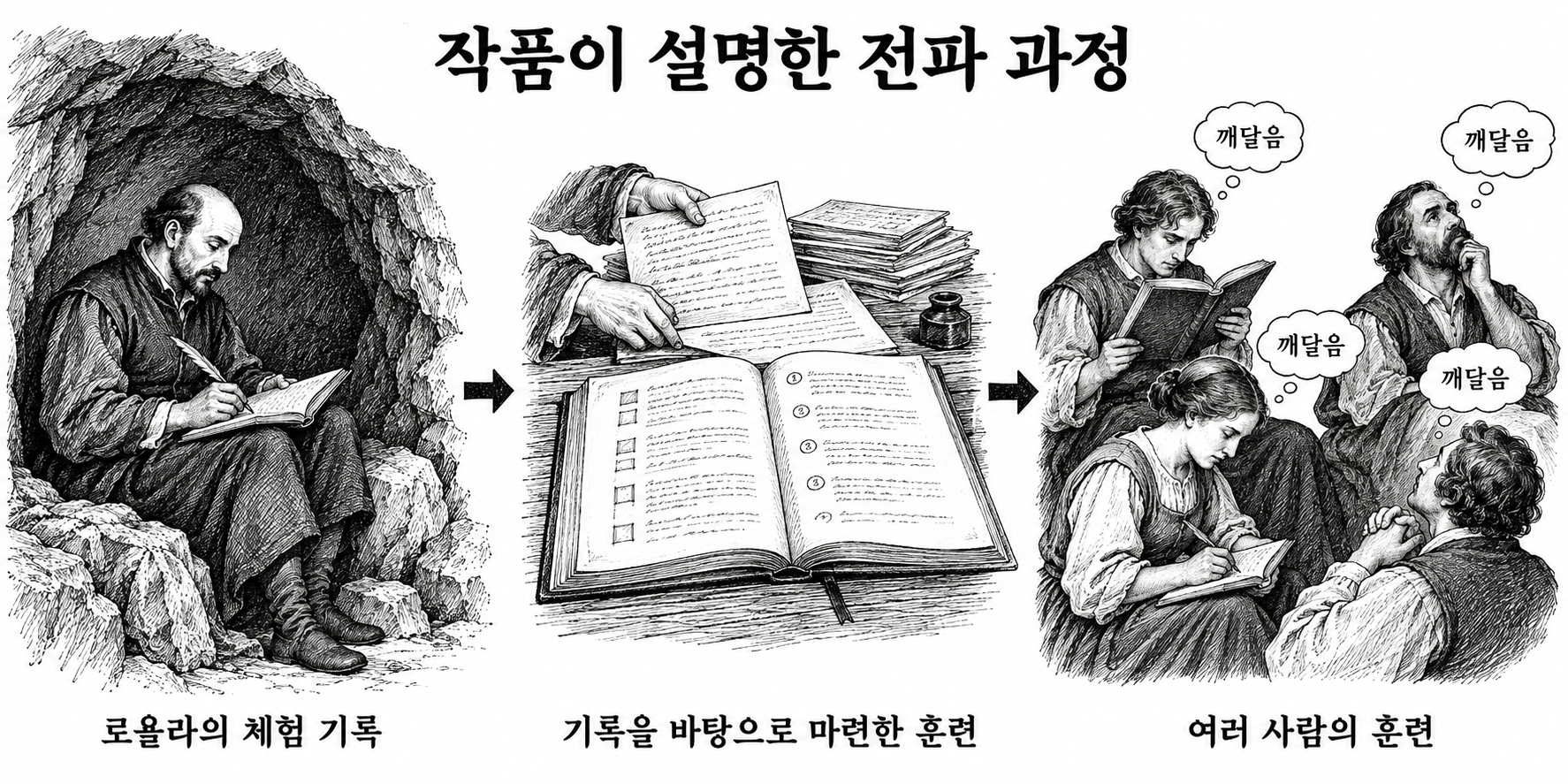 만레사의 개인적 체험과 기록이 여러 사람에게 적용되는 영성 훈련으로 이어지는 과정.