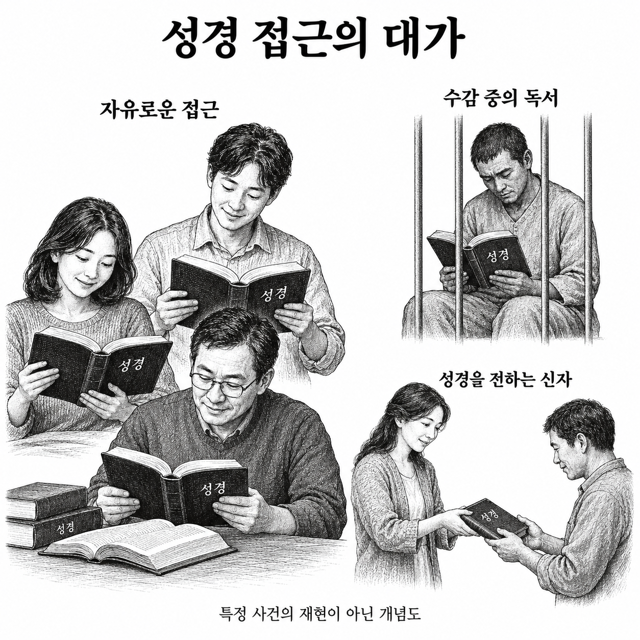 오늘날의 자유로운 성경 독서와 박해 속에서 성경을 읽고 전하던 상황의 대조.