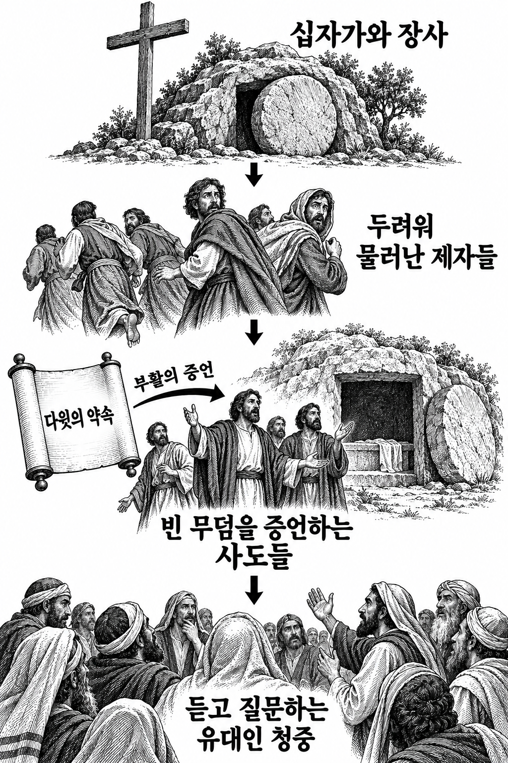 죽음과 장사 이후 부활을 증언하게 된 제자들과 그 선포에 응답하는 청중.