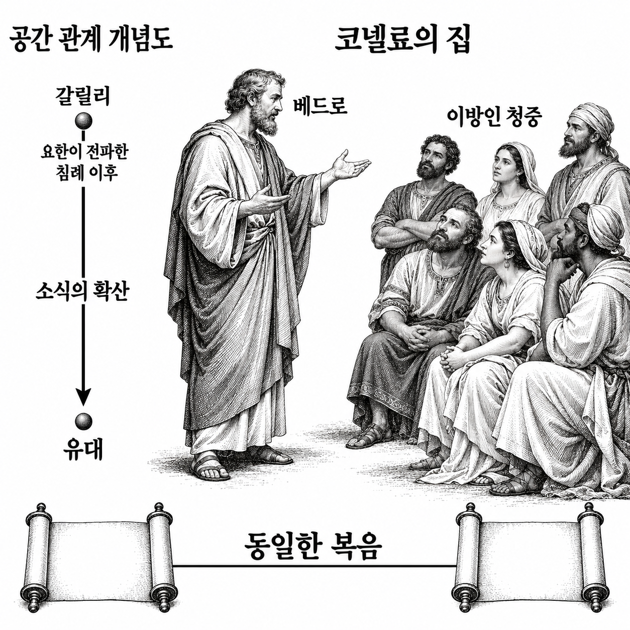 갈릴리와 유대에 전해진 복음이 코넬료의 집에 모인 이방인에게도 전해지는 관계.