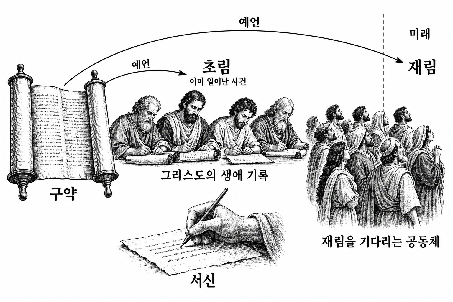 구약의 예언과 복음서·서신의 기록, 재림을 기다리는 공동체의 연결.