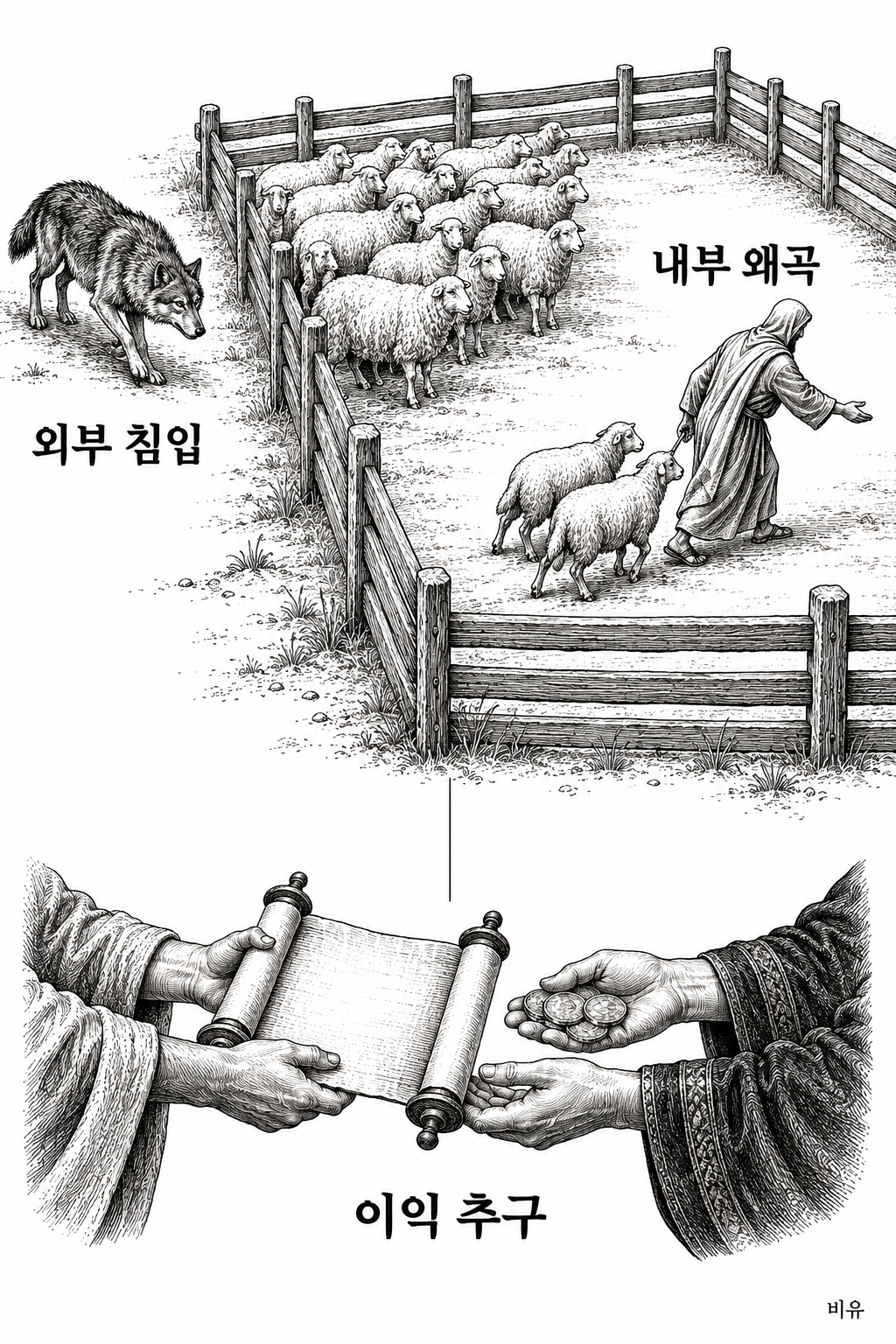 공동체 밖에서 들어오는 위협, 안에서 제자들을 끌어내는 왜곡, 말씀을 이익에 이용하는 위험.