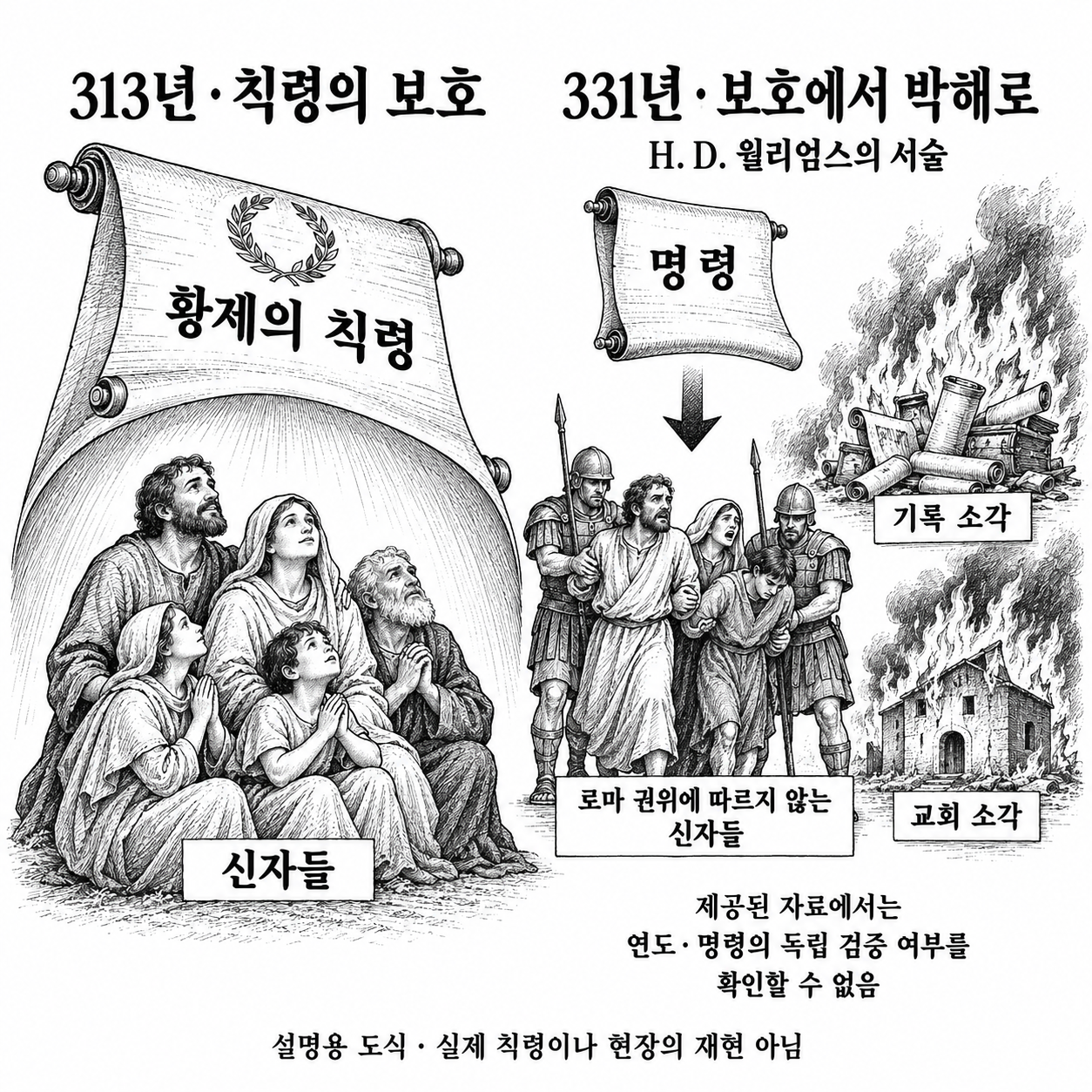그리스도인 보호에서 로마 권위에 불복하는 신자들에 대한 박해로 바뀌었다는 서술.
