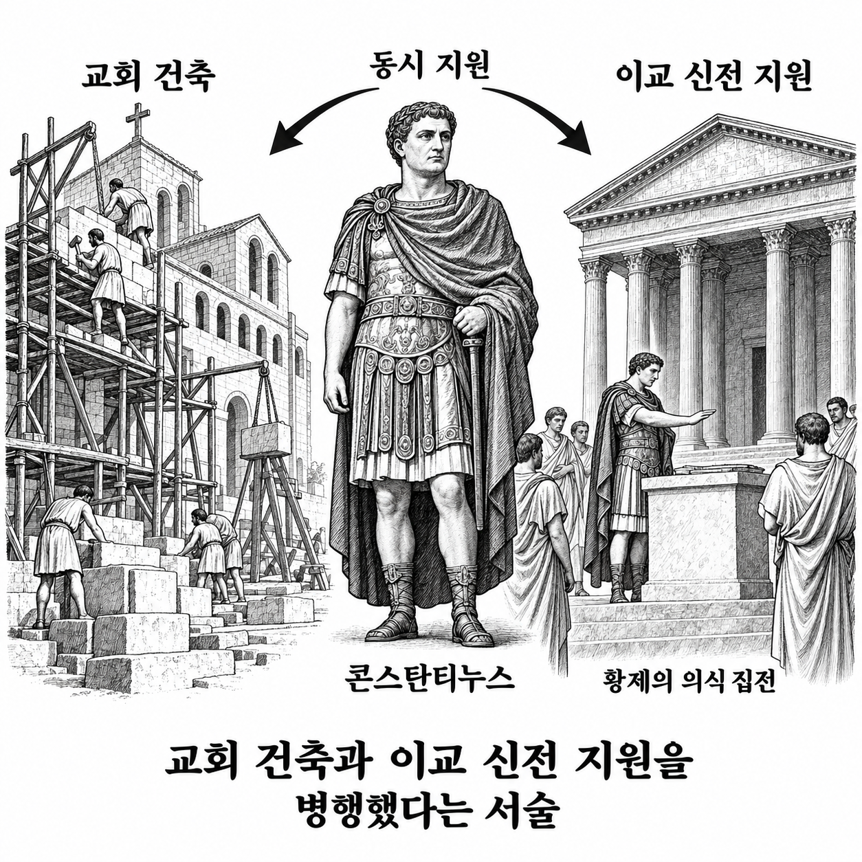 교회 건축과 이교 신전 지원을 병행했다는 콘스탄티누스의 역할에 관한 서술.